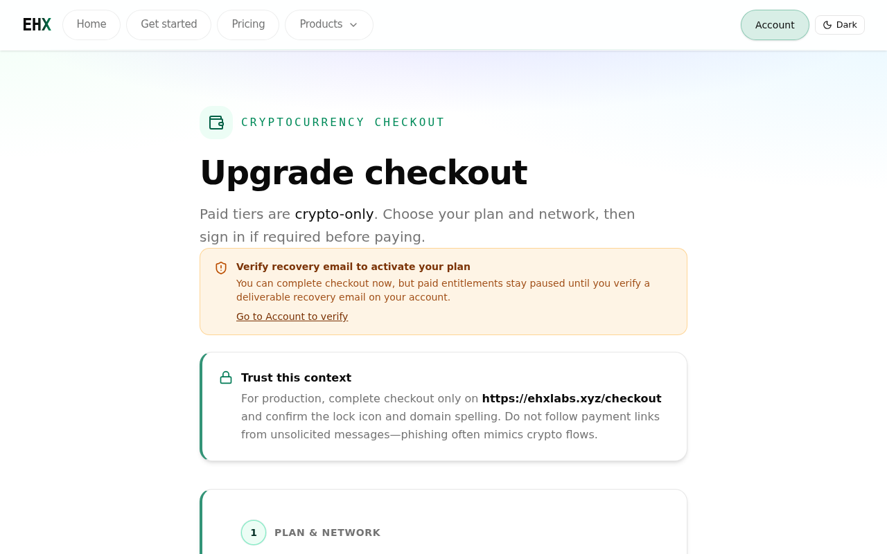 Checkout step 1 — plan, chain, asset, and promo