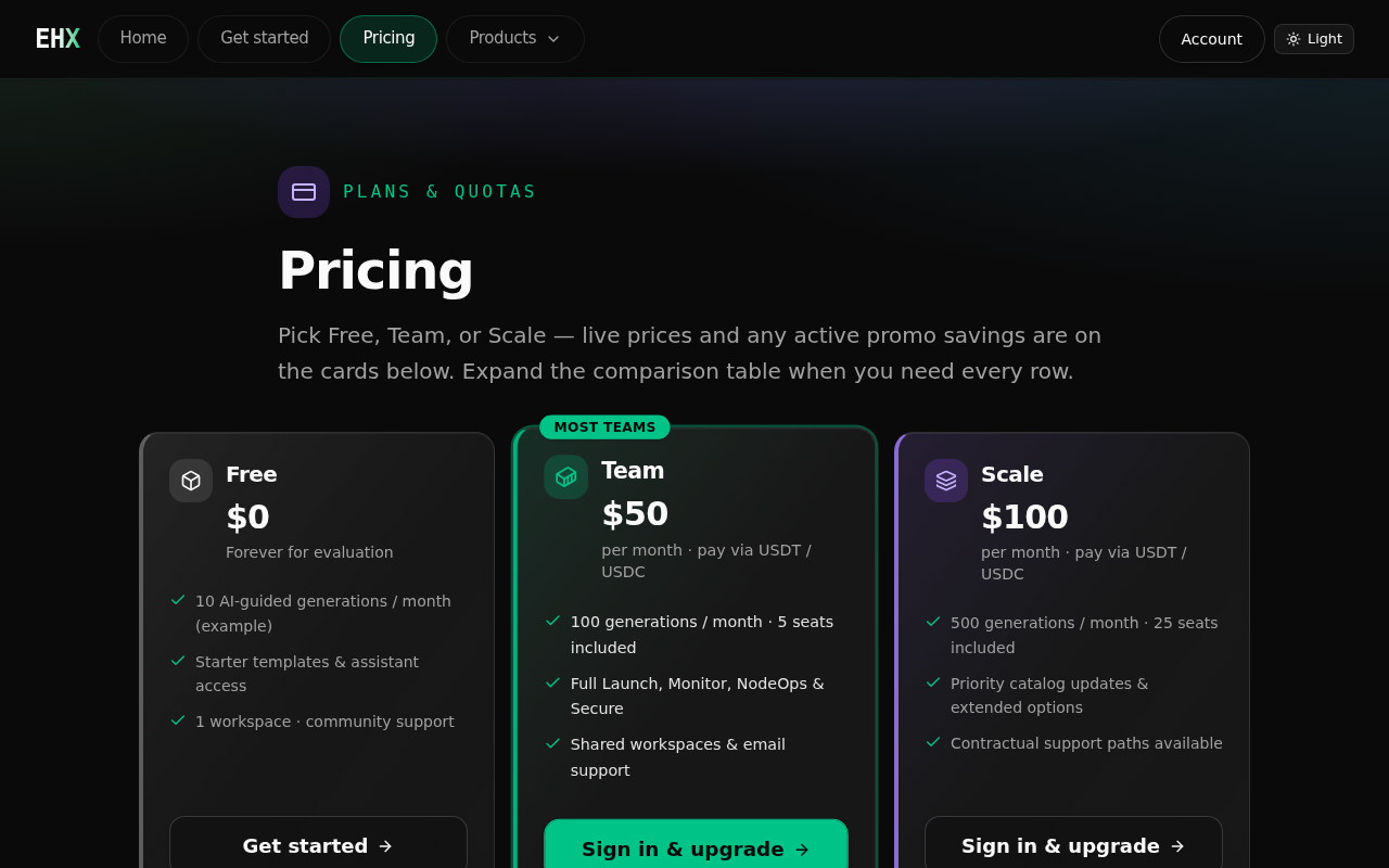 Pricing cards in dark theme